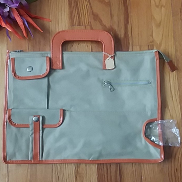 Vintage 1970s Beige Utility Multi Pocket Canvas Briefcase with Orange Trim NWT - Picture 2 of 16